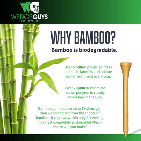 Biodegradable Bamboo Golf Tees One And A Half Inch 100 Count Stronger Than Wood Tees Lower Friction For Longer Drives PGA Approved Bulk Bag Eco Friendly Golf Tees Pro Grade with bamboo plants and text about sustainability and strength.