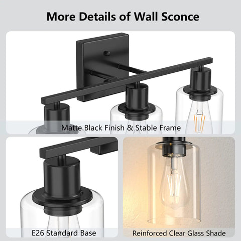 Black Vanity Lights For Bathroom With Glass Shade, Sleek Modern UL Listed Vanity Fixtures, Farmhouse Wall Sconces Close-up