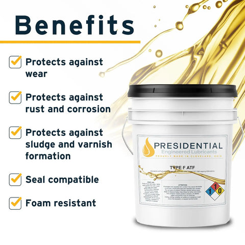 Type F Automatic Transmission Fluid 5 Gallon High Friction ATF with benefits for vintage vehicles and legacy transmissions.