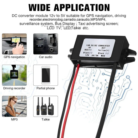 Image of 12V To 5V USB Buck Converter Module For Cars, 3A Regulator Power Adapter With USB Output, showing application uses.