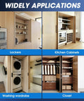 Various applications of Heavy Duty 16 Inch Cabinet Pocket Door Slides Hardware Kit including lockers, kitchen cabinets, washing wardrobe, and closet.