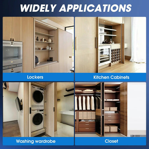 Various applications of Heavy Duty 16 Inch Cabinet Pocket Door Slides Hardware Kit including lockers, kitchen cabinets, washing wardrobe, and closet.