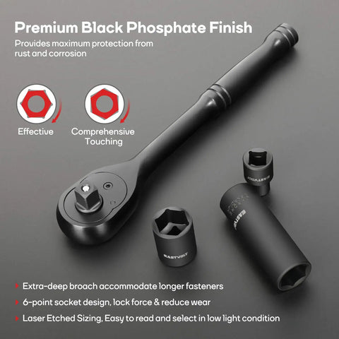 Close-up of black ratchet and sockets from 46 Piece Drive Socket And Ratchet Set With 72 Tooth Reversible Ratchet, Extension Bar Kit And Heavy Duty Storage Case, Metric And SAE Tools For Home Garage And Shop.