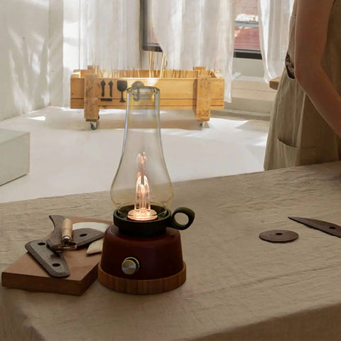 Rechargeable Bedside Lamp Portable Lantern with 3 Light Modes 5000mAh Battery on table in living room. Red lantern design.