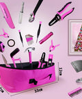 Pink 205-Piece Tool Kit For Gals With USB Electric Screwdriver And Drill Adapter, tools displayed above open pink bag.