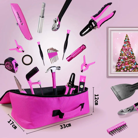 Pink 205-Piece Tool Kit For Gals With USB Electric Screwdriver And Drill Adapter, tools displayed above open pink bag.