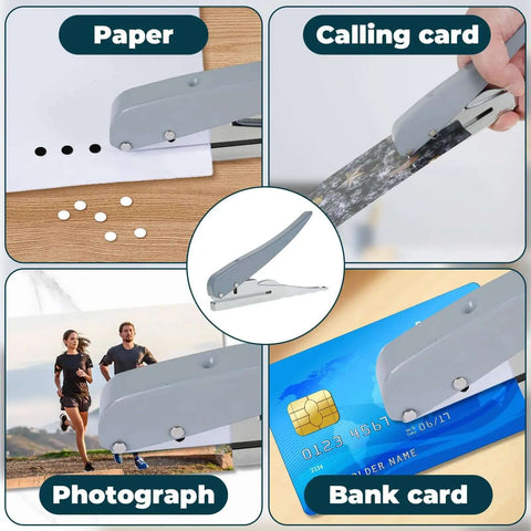 Heavy Duty Handheld Hole Puncher That's Built Tough With 0.12, 0.24, And 0.31 Inch Hole Sizes, 25 Sheet Capacity, shown on different materials