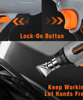 Cordless Heat Gun Kit 20V Max with Lithium Battery highlighting lock-on button and nozzle attachment for hands-free use.