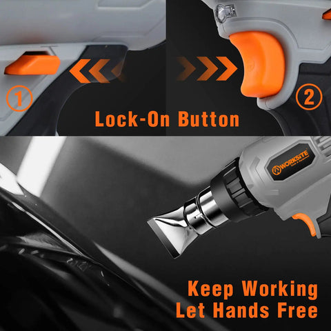 Cordless Heat Gun Kit 20V Max with Lithium Battery highlighting lock-on button and nozzle attachment for hands-free use.