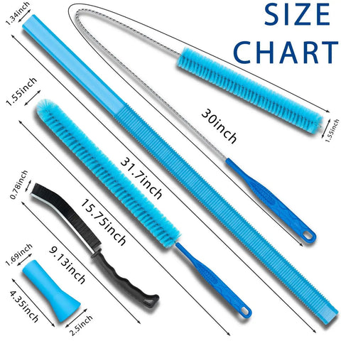 Size chart of Pro Grade Four Piece Dryer Vent Cleaning Kit with flexible hose, lint brush, crevice tool, universal adapters.