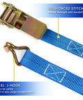 Close-up of Four Pack Ratchet Straps 1 Inch Wide By 16.4 Feet Long With 2200 Lb Break Strength And Sturdy Metal Hooks showing blue strap and J-hook