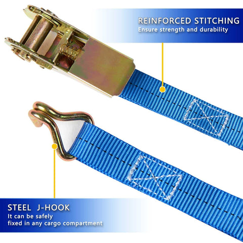 Close-up of Four Pack Ratchet Straps 1 Inch Wide By 16.4 Feet Long With 2200 Lb Break Strength And Sturdy Metal Hooks showing blue strap and J-hook