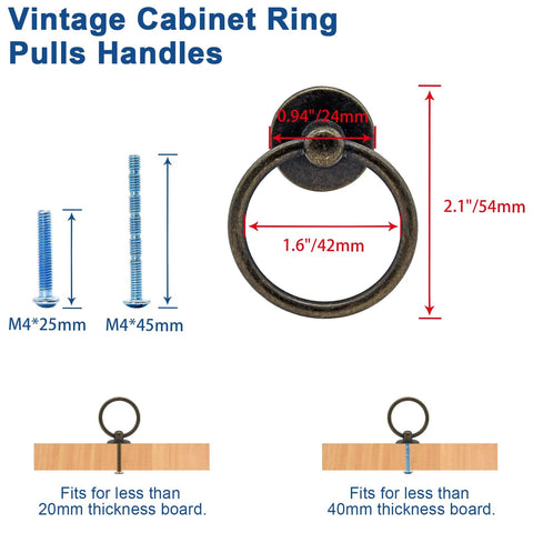 Six Pack Antique Bronze Ring Pull Handles For Dresser Drawers Cabinets And Cupboards, size and screw options displayed.