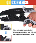 Close-up of ratcheting wire crimping tool for heat shrink connectors pro grade crimper pliers, showing quick release feature.