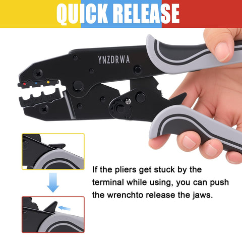 Close-up of ratcheting wire crimping tool for heat shrink connectors pro grade crimper pliers, showing quick release feature.