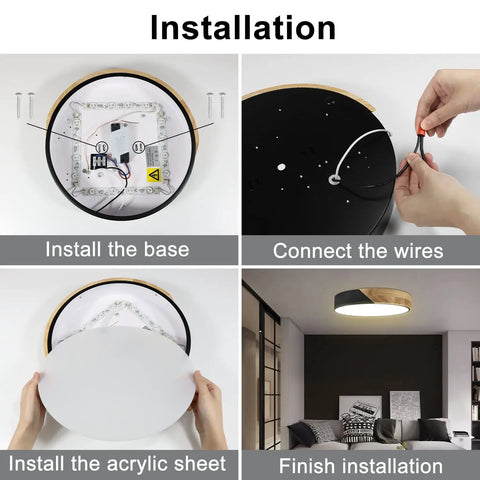 Installation steps for Round Wood Grain Black Flush Mount Ceiling Light 12 Inch 24W LED Fixture in a room setting.