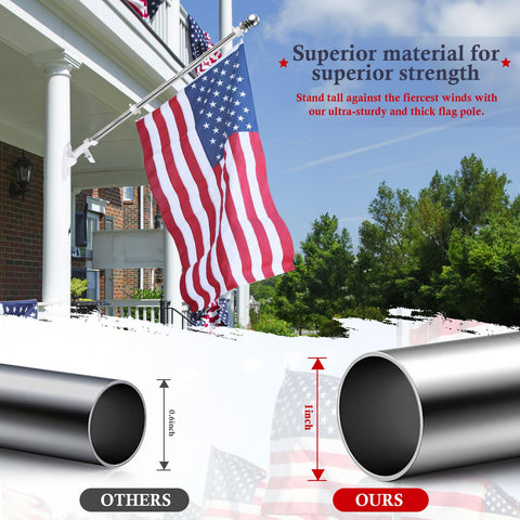 6Ft Outdoor Flag Pole Kit With 360 Degree Anti Wrap Rotating Rings For Porch And Garden Heavy Duty Stainless Steel Fits 3x5 Flags Bracket Not Included Now, displaying two American flags on a porch.