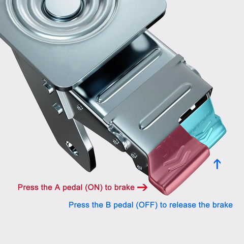 Heavy Duty Eight Inch Nylon Swivel Casters With M20 Threaded Stem And Locking Brakes Rock Solid Double Ball Bearings close-up of braking pedals