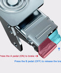 Close-up of Heavy Duty Industrial Caster Wheels With Brakes, showing brake pedal with labeled ON and OFF positions.