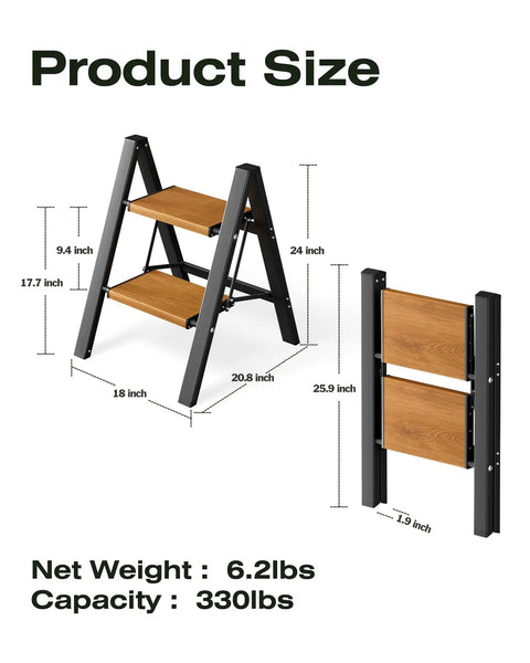 Two Step Foldable Aluminum Stool With Slim Black Woodgrain Finish For Indoor Tasks Handy Lightweight Workhorse For Tight Closets And Behind Furniture Easy Compact Storage, 24 in folded, 6.2 lb