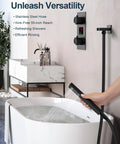 GRANDJOY 12" Digital Display Shower System, 3-Function, Matte Black with handheld sprayer in use above bathtub.