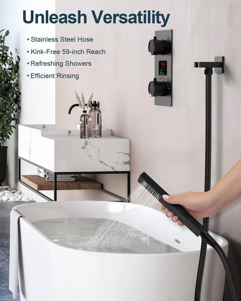 GRANDJOY 12" Digital Display Shower System, 3-Function, Matte Black with handheld sprayer in use above bathtub.