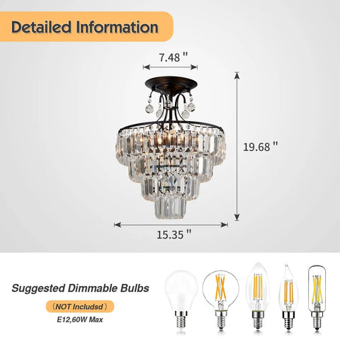 Black Crystal Round Chandelier 15.35 Inch Diameter 5 Light Showpiece Statement Piece Modern Antique Semi Flush Mount Ceiling Fixture With E12 Bulbs Not Included detailed dimensions and bulb types.