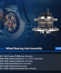 Rear Wheel Bearing And Hub Assembly For Toyota Corolla 2020 To 2022 Prius 2016 To 2022 And Lexus CT200h 2011 To 2017 5 Lug With ABS Direct Fit Replacement Wheel Hub Bearing Kit displayed in packaging.