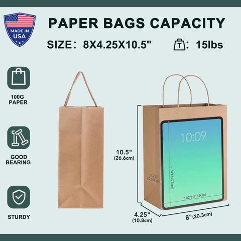 Eco Friendly Kraft Gift Bags With Handles Bulk Medium Brown Paper Bags 8x4.25x10.5 Inches 15lbs capacity
