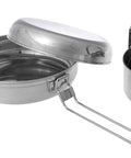 Grab And Go Camping Mess Kit With Nesting Pots And Fry Pan Set, Lightweight steel cookware with blue cup, compact design