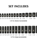 Heavy Duty One Half Inch Drive Impact Socket Set With SAE And Metric Sockets, 15 Shallow SAE 5/16 to 1-1/4, 14 Deep SAE 3/8 to 1-1/4
