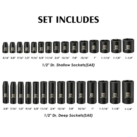 Heavy Duty One Half Inch Drive Impact Socket Set With SAE And Metric Sockets, 15 Shallow SAE 5/16 to 1-1/4, 14 Deep SAE 3/8 to 1-1/4