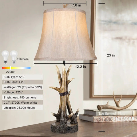 23-inch rustic antler resin table lamp with cream shade, size details, fits Set Of 2 Rustic Table Lamps For Living Room Farmhouse style