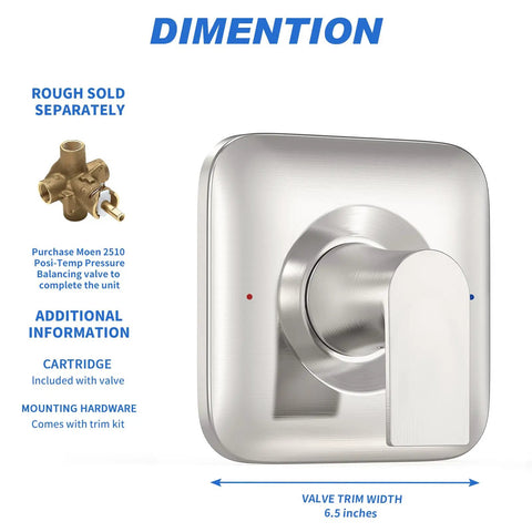 Brushed Nickel Shower Valve Trim Kit With Lever Handle And Temperature Indicator, Brass Escutcheon, showing dimensions and cartridge info