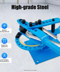 Heavy Duty Manual Pipe Bender With Seven Dies Ranging From One To Three Inches For Bending Metal Rods and Steel Tubes, showing high-grade blue steel construction.