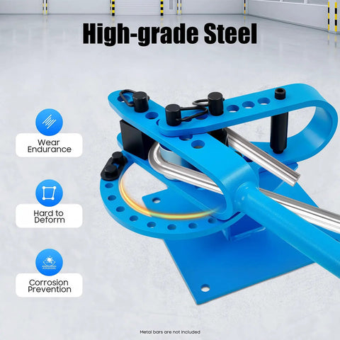 Heavy Duty Manual Pipe Bender With Seven Dies Ranging From One To Three Inches For Bending Metal Rods and Steel Tubes, showing high-grade blue steel construction.