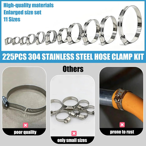 Heavy Duty 225 Piece Hose Clamp Kit 304 Stainless Steel Adjustable 1/4 Inch To 3-3/4 Inch Worm Gear Clamps For Fuel Line Automotive Radiator Plumbing 11 Sizes displayed with competitors of poor quality, small sizes, and rust-prone clamps.
