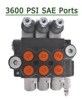 Front view of Timunr 3-spool hydraulic directional control valve with 3600 PSI SAE ports and orange plug caps.
