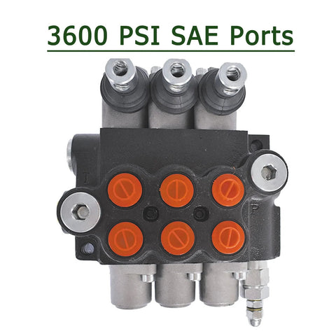 Front view of Timunr 3-spool hydraulic directional control valve with 3600 PSI SAE ports and orange plug caps.