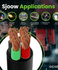 Close-up of 100 Ft 14 AWG Four Conductor SJOOW Portable Electrical Cord, showcasing flexible copper strands, in industrial setting.