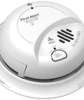 Top Shelf Game Changer Smoke And Carbon Monoxide Detector With Heavy Duty Ionization Chip and Nine Volt Battery, compact white unit.