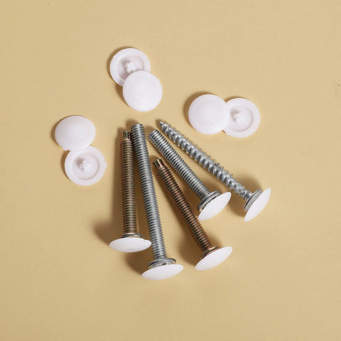 150 Pieces White Waterproof Self Tapping Screw Cap Covers, 12mm diameter, with screws on beige background