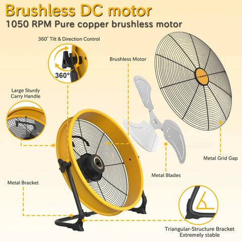 16 Inch Battery Powered Floor Fan With 2500 CFM High Velocity Airflow featuring brushless motor and 360 degree tilt design
