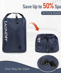 Dual Pack Compression Laundry Bag For Travel, Pump-Free Wet-Dry Organizer, shown compressed and expanded, navy blue, close-up of valve