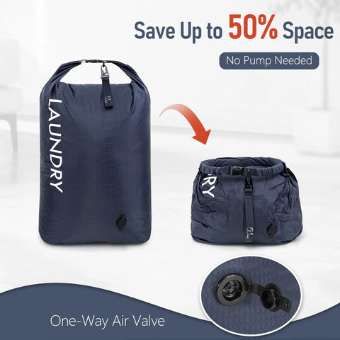 Dual Pack Compression Laundry Bag For Travel, Pump-Free Wet-Dry Organizer, shown compressed and expanded, navy blue, close-up of valve