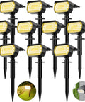 Outdoor Solar Spot Lights 10 Pack With 76 LEDs, IP65 Waterproof Landscape Pathway Garden Lights shown on stakes and wall mount.