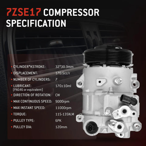 Heavy Duty AC Compressor With Clutch For Toyota Camry Rav4 Sienna 2 5 Liter And 2 7 Liter Engines 2012 Through 2017 close-up view with specs