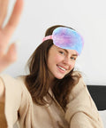 Woman wearing a Two Pack Plush Sleep Eye Masks Set, Ultra Soft Faux Fur Blindfold For Travel And Power Naps, colorful design, smiling.
