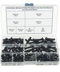 180 Piece Metric M6 Black Pa66 Nylon Phillips Pan Head Screw Assortment Kit With Hex Nuts And Flat Washers organized in a clear box.