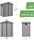 Dimensions of spacious 6x4 ft plastic storage shed with floor, featuring windows, resin material, and lockable double doors.